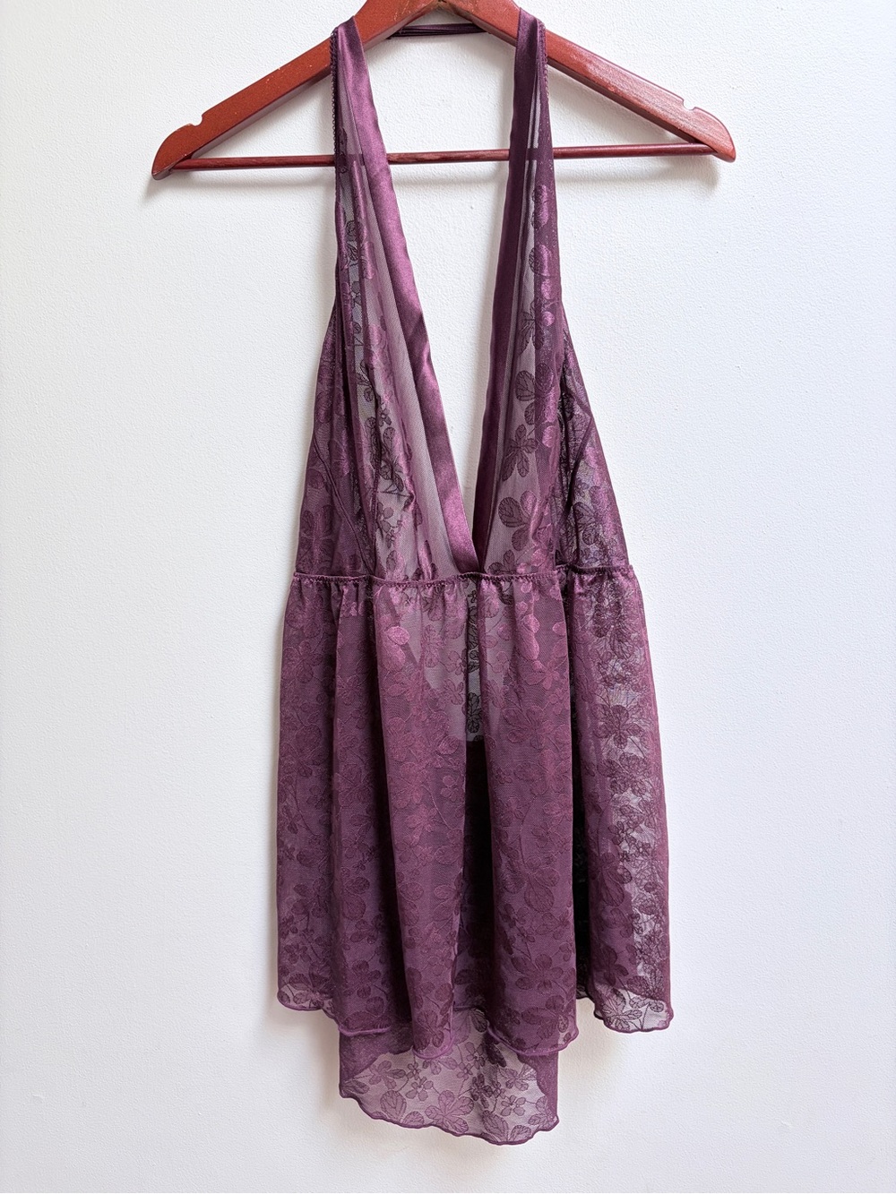 Plunging Lace Halter Babydoll Nightdress in Plum
